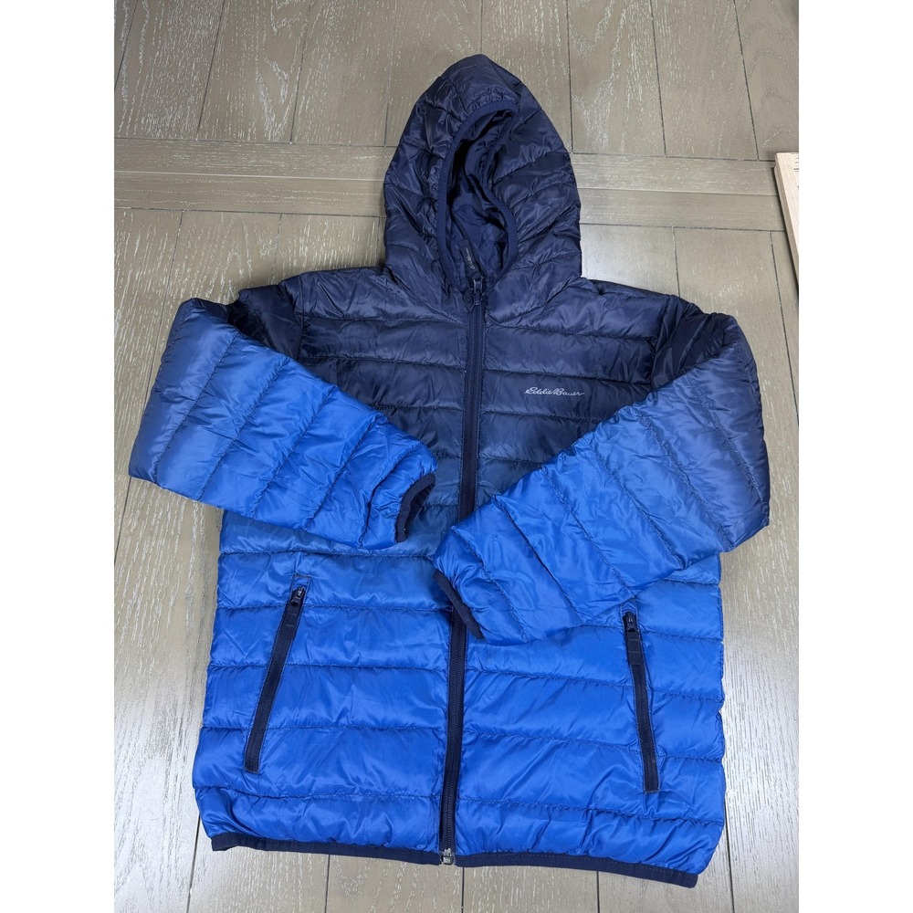 Eddie Bauer Jacket Kids Medium 10-12 Blue Reversible Hooded Down Puffer Zip